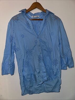 Zara Sky Blue Eyelet Button-Down Shirt